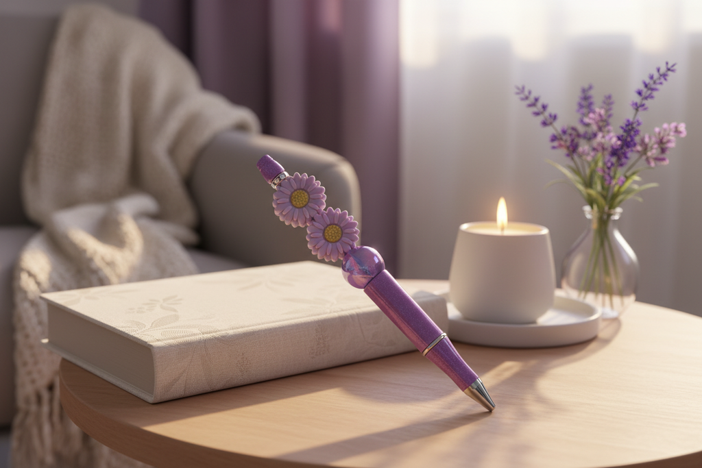 Purple flower beaded pen in a cozy elegant home setting