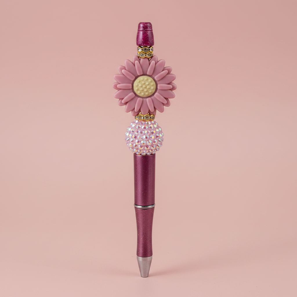 Mauve flower beaded pen clean product shot on white background