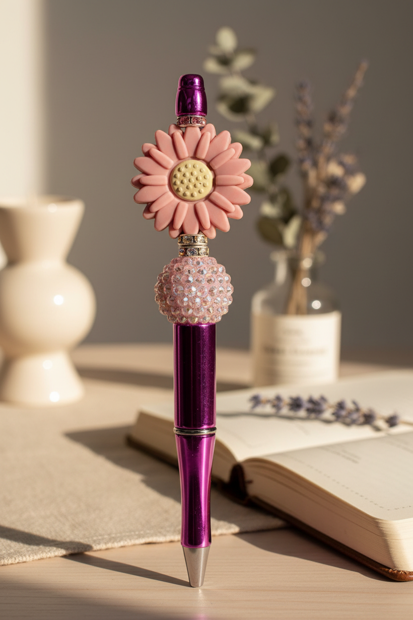 Mauve flower beaded pen in soft sophisticated home setting