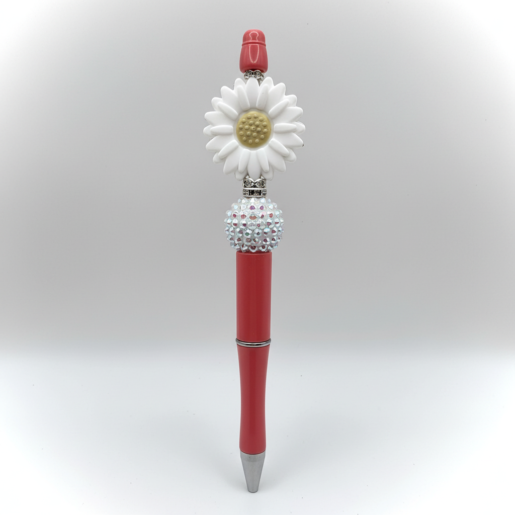 White flower beaded pen clean product shot on white background