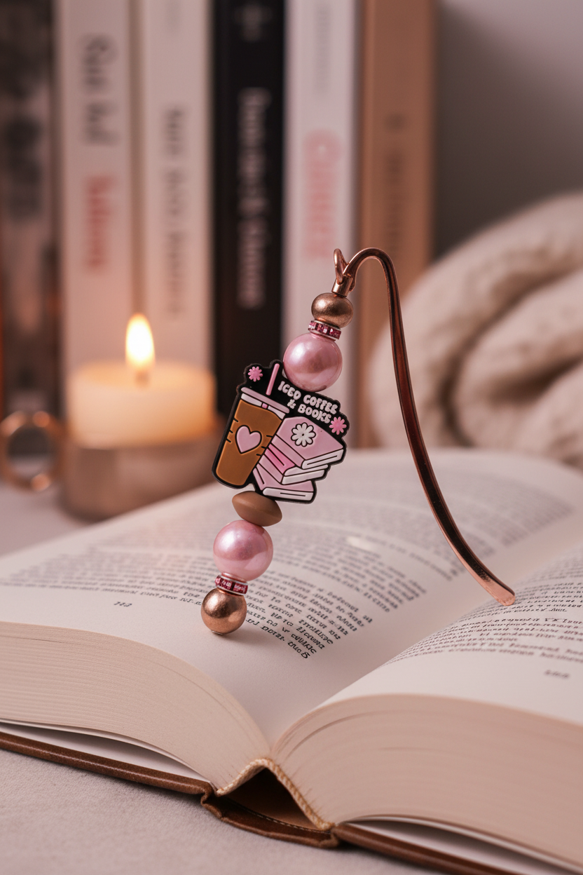 Rose gold beaded bookmark in cozy reading nook setting