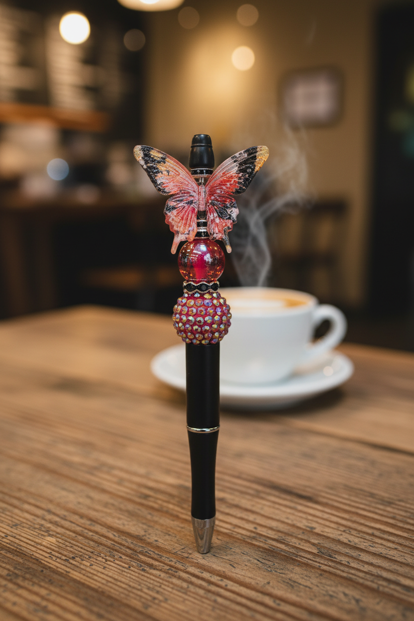 Butterfly beaded pen in a cozy coffee shop setting