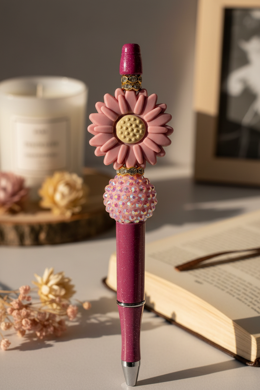 Mauve flower beaded pen in soft sophisticated home setting