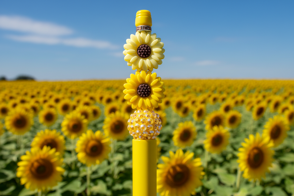 Yellow flower beaded pen in a stunning sunflower farm field setting