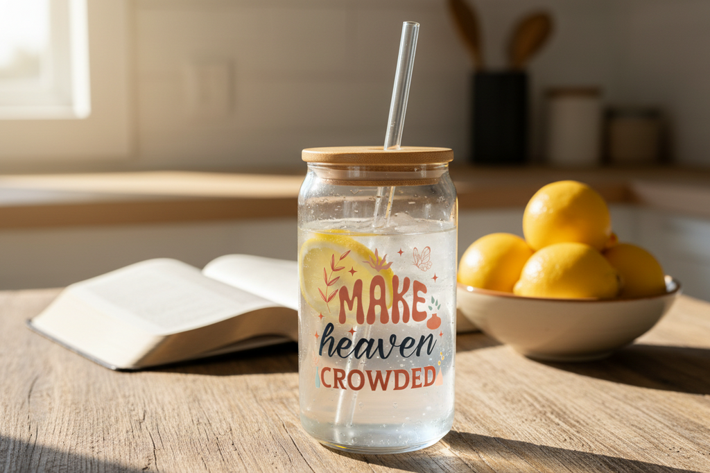 16oz Glass Tumbler on rustic kitchen table with open Bible and bowl of lemons