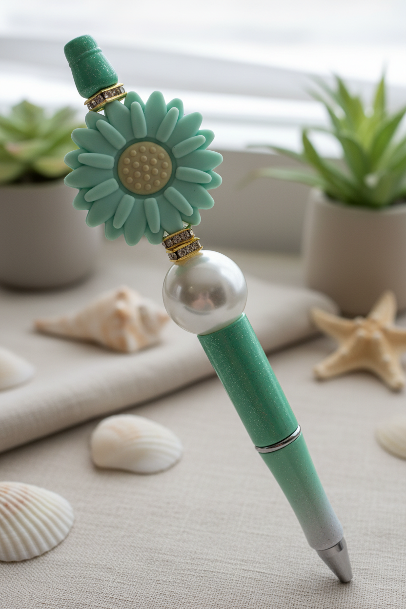 Seafoam green flower beaded pen in fresh coastal home setting