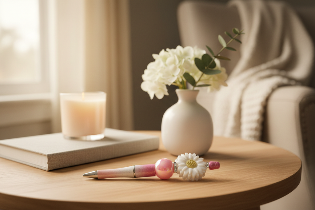 White flower beaded pen in a cozy elegant home setting