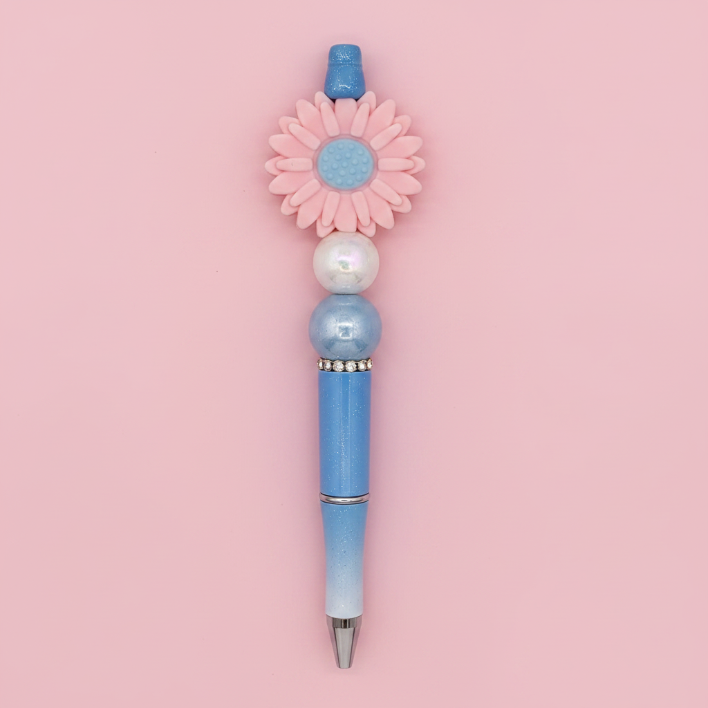 Pink flower beaded pen clean product shot on white background
