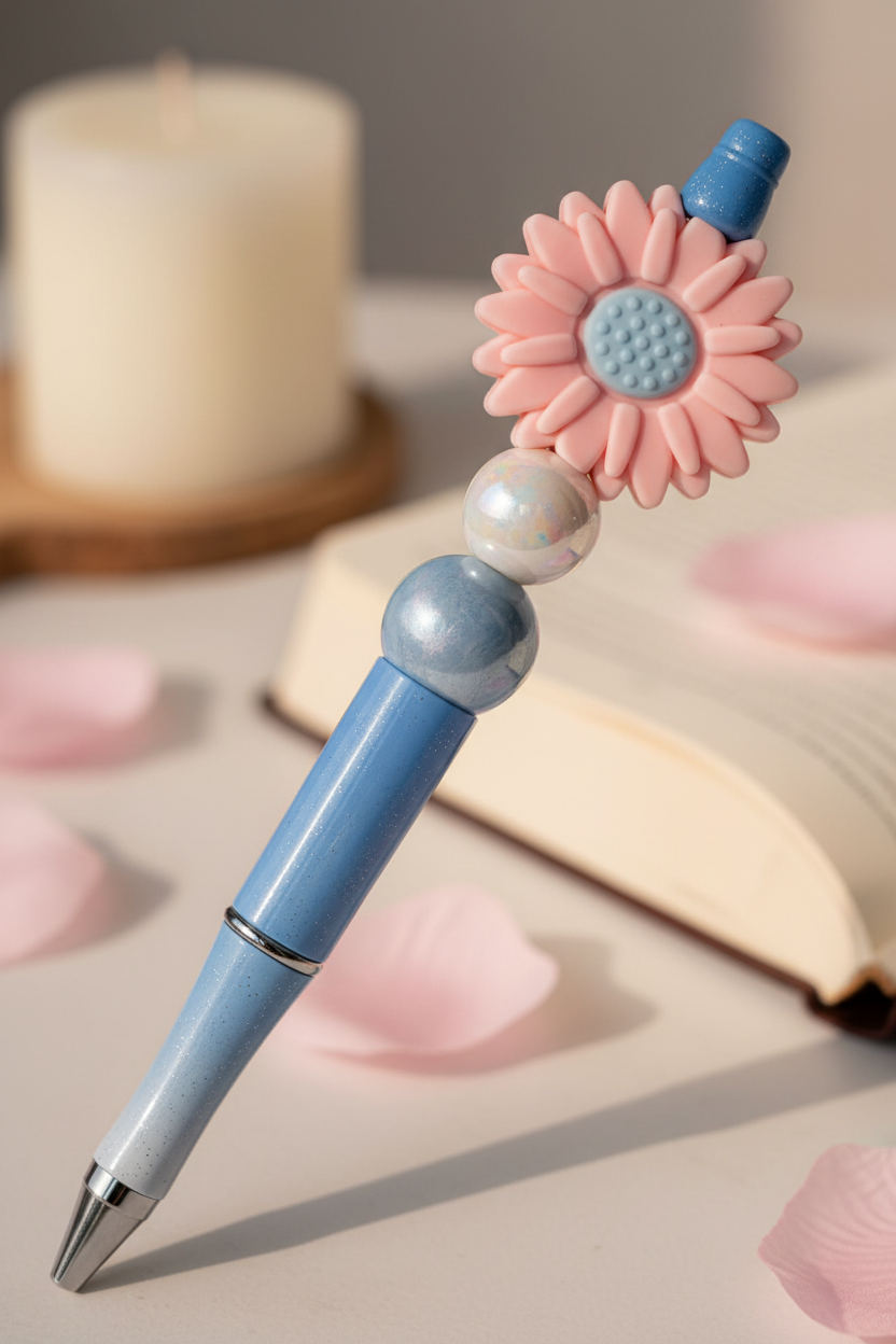 Pink flower beaded pen in bright cheerful home setting