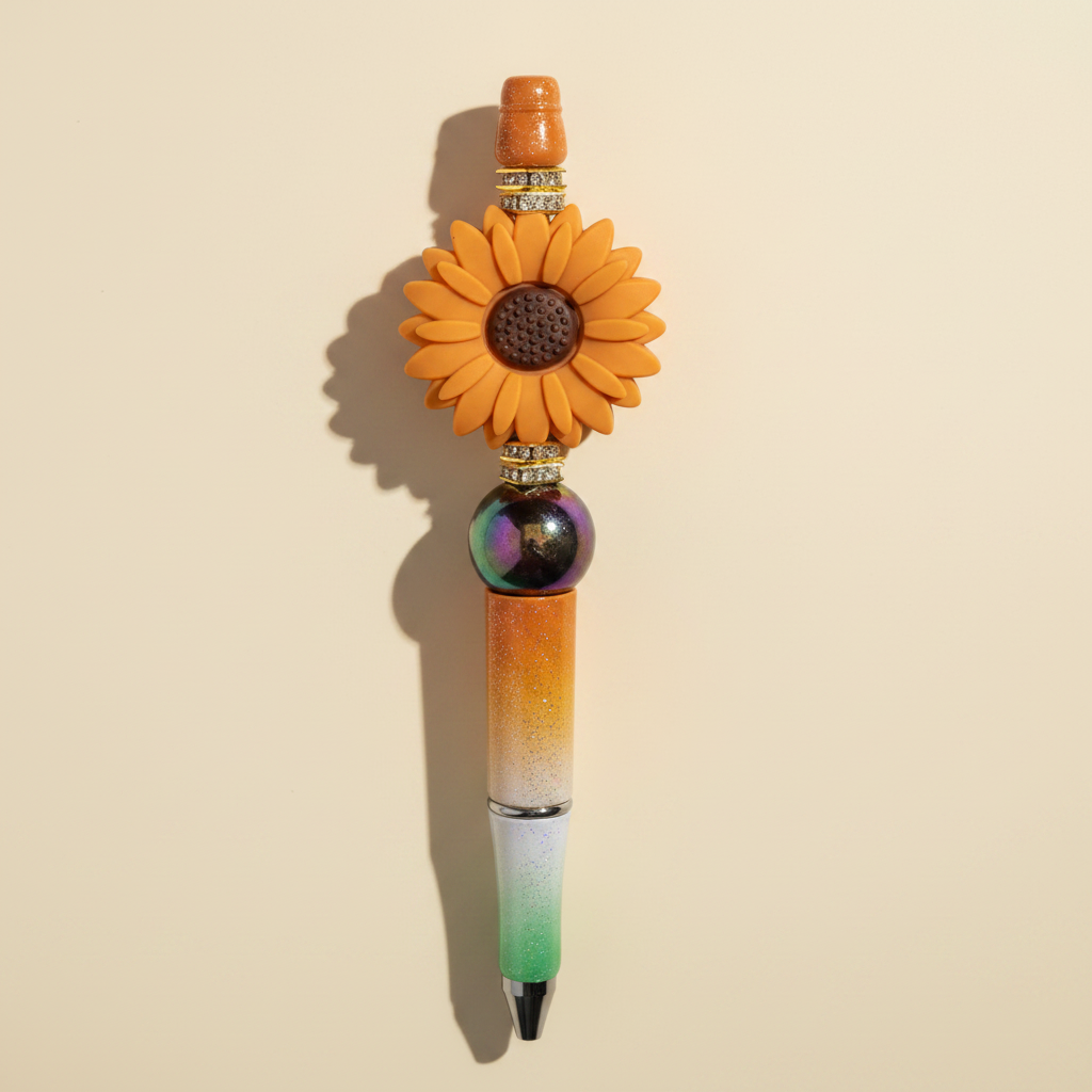 Terracotta-orange flower beaded pen clean product shot
