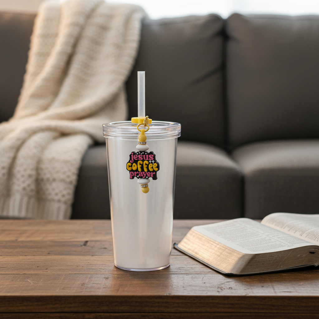 Jesus Coffee Prayer beaded straw charm on a white tumbler next to an open Bible in a cozy living room setting