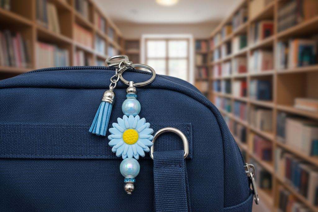 Blue sunflower beaded keychain charm clipped onto a book bag in a cozy library setting
