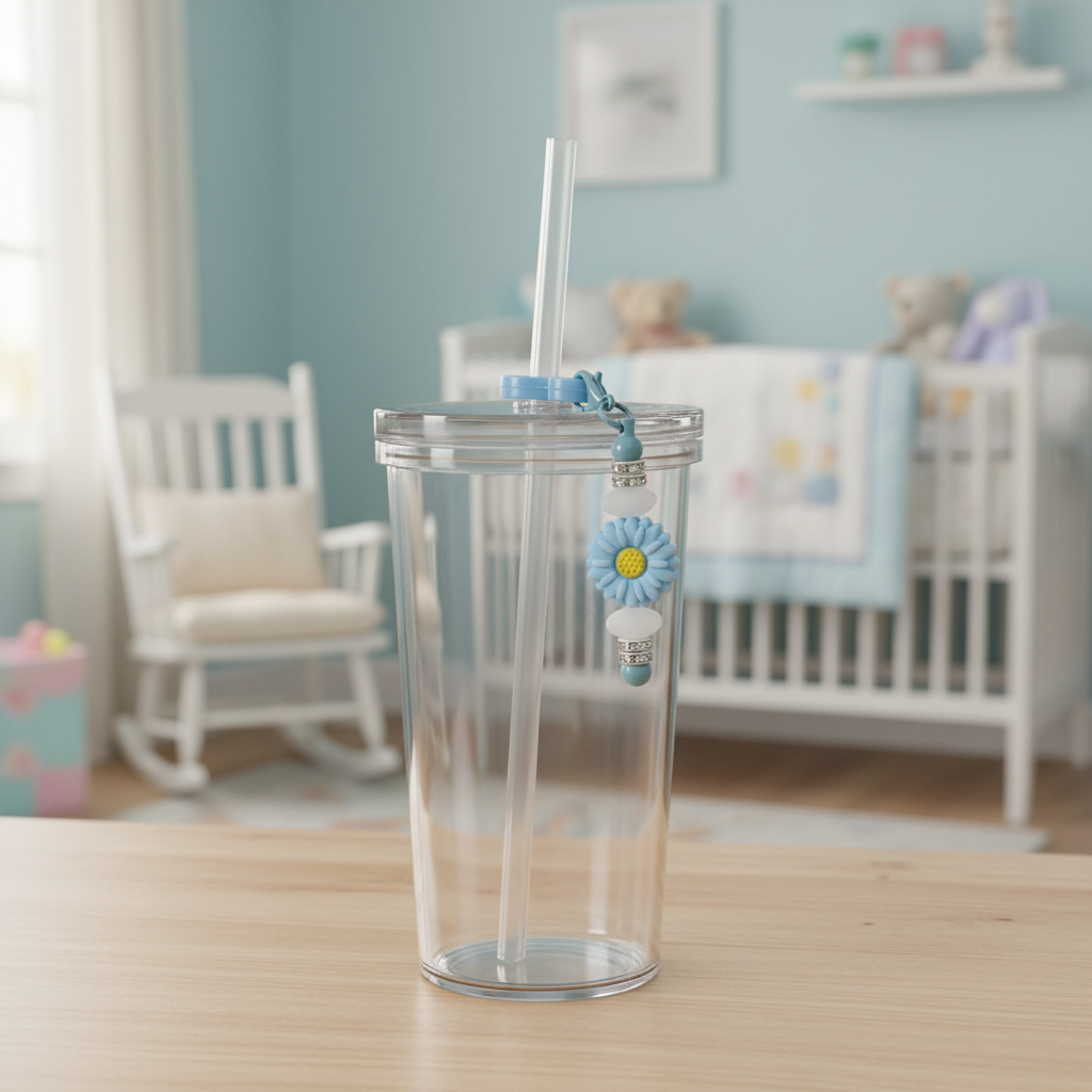 Blue flower beaded straw charm on a tumbler in a soft dreamy baby nursery with pastel blue walls and plush toys