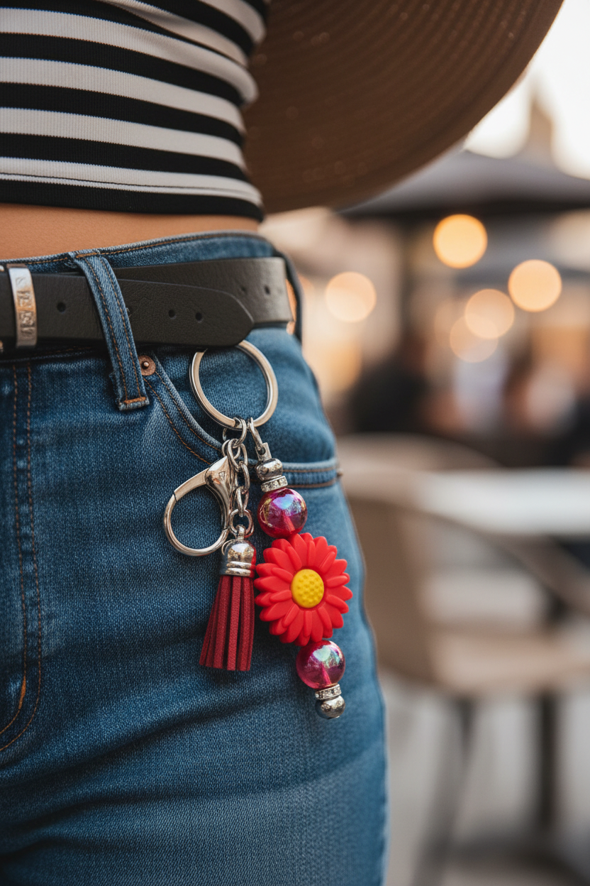 Red sunflower beaded keychain charm clipped onto a women's belt loop