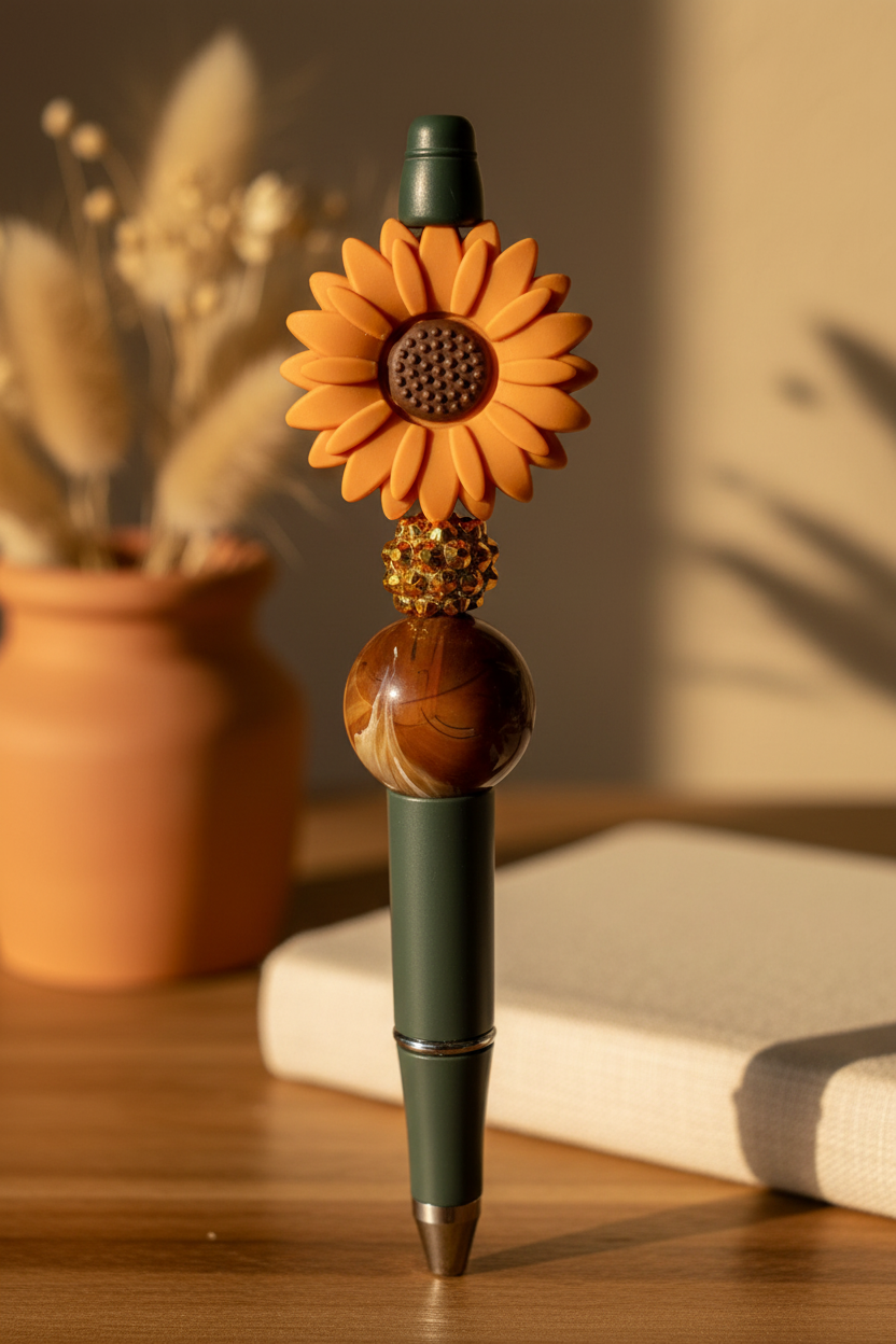 Terracotta-orange flower beaded pen in warm earthy home setting