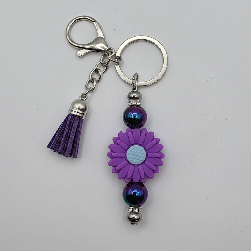 Purple sunflower beaded keychain charm clean product shot