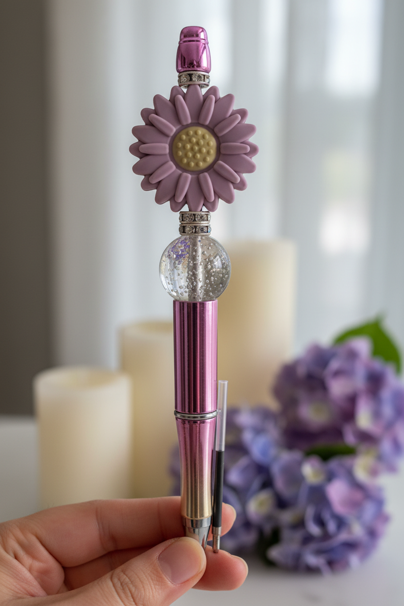 Purple flower beaded pen with gradient pink barrel as focal point in elegant home setting