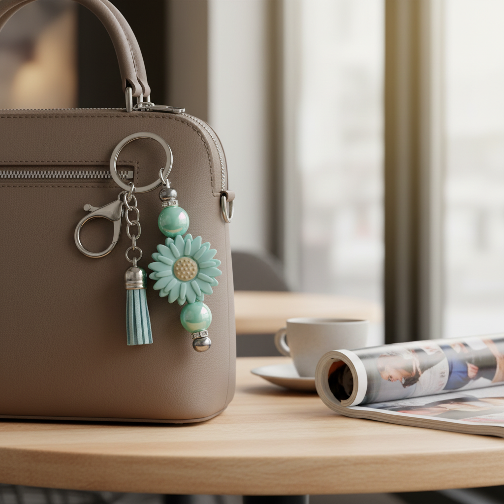 Teal sunflower beaded keychain charm clipped onto a purse
