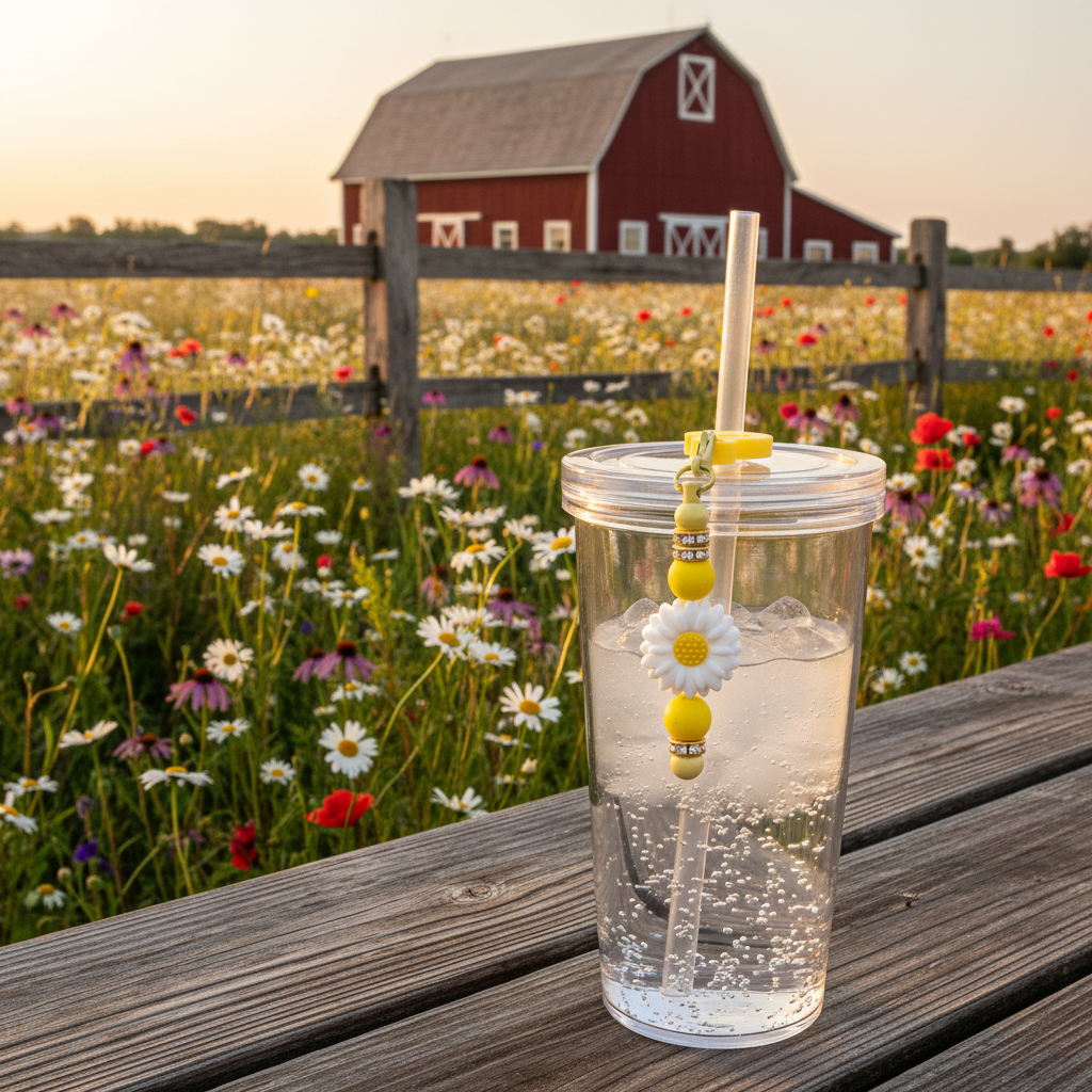 White daisy beaded straw charm on a tumbler in a rustic farm setting with wildflower meadow and golden hour lighting
