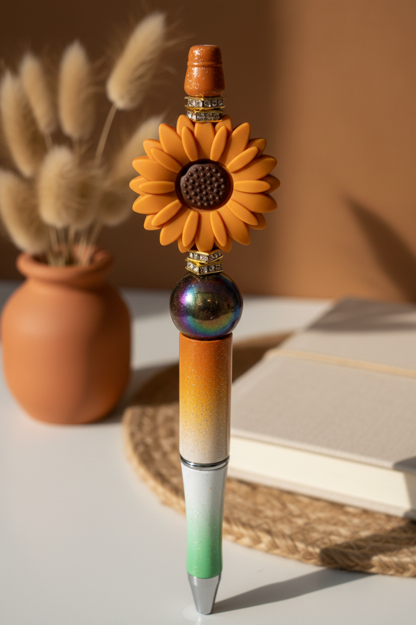 Terracotta-orange flower beaded pen in warm earthy home setting