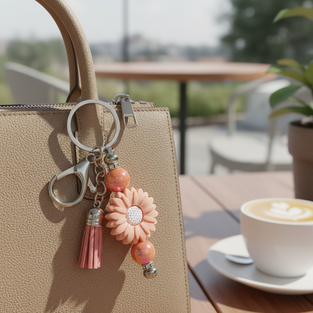 Peach sunflower beaded keychain charm clipped onto a purse