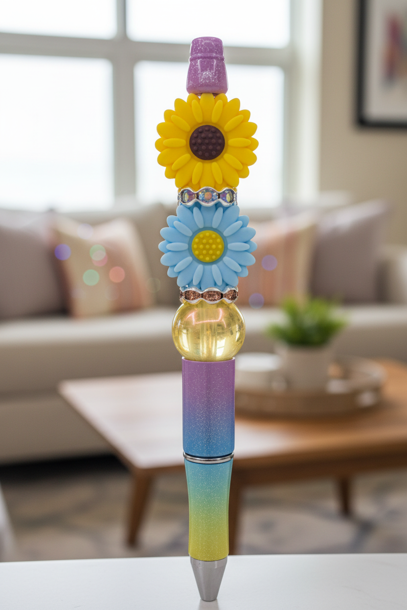 Yellow and blue flowers beaded pen in bright living room setting