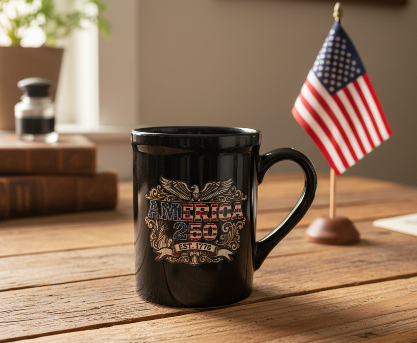 250th Anniversary 16oz Mug on a rustic desk with vibrant colors