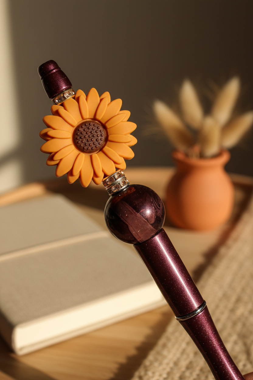 Terracotta-orange flower beaded pen in warm earthy home setting