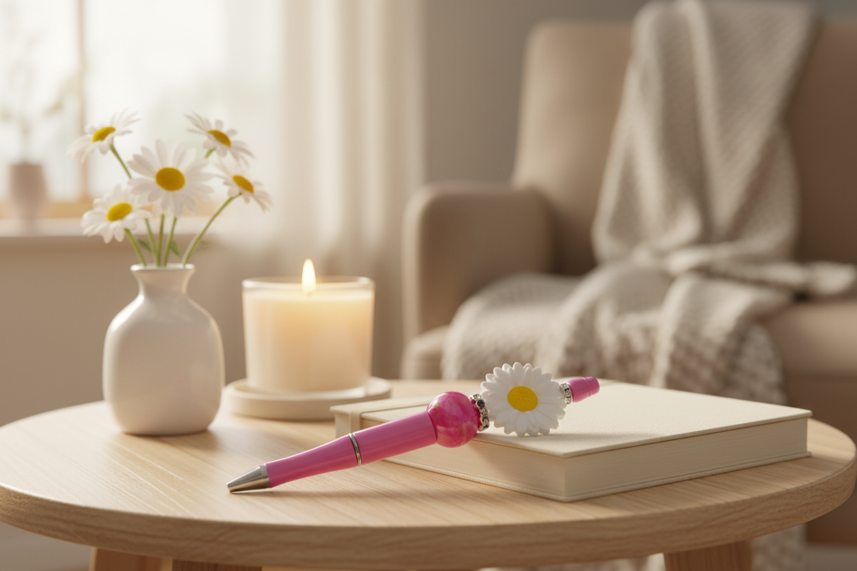 White flower beaded pen in a cozy elegant home setting