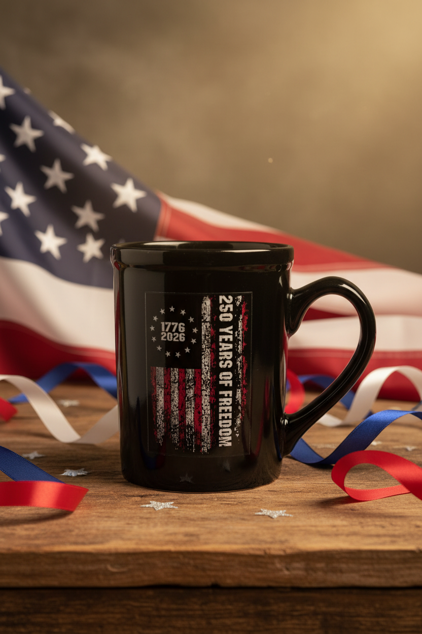 250th Anniversary 16oz Mug with patriotic rustic background