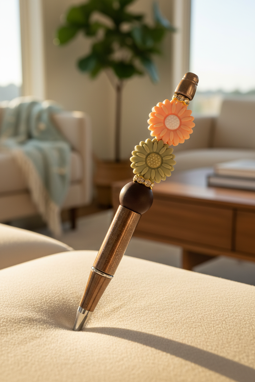 Peach and sage green flowers beaded pen in bright living room setting