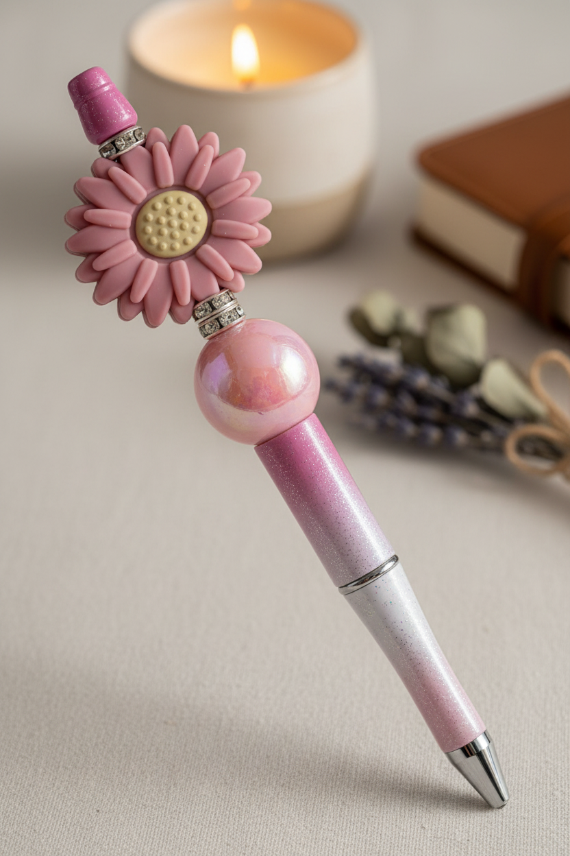 Mauve flower beaded pen in soft sophisticated home setting