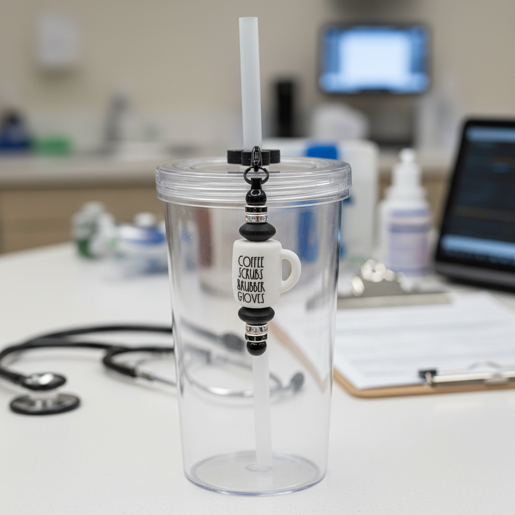 Black and white Coffee Scrubs and Rubber Gloves beaded straw charm on a tumbler in a hospital nurse's station setting