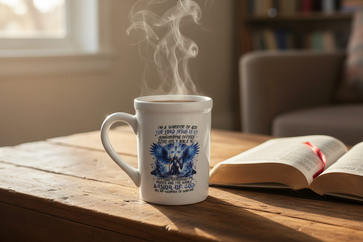 16oz Warrior of God mug on a rustic coffee table with an open Bible and steam rising