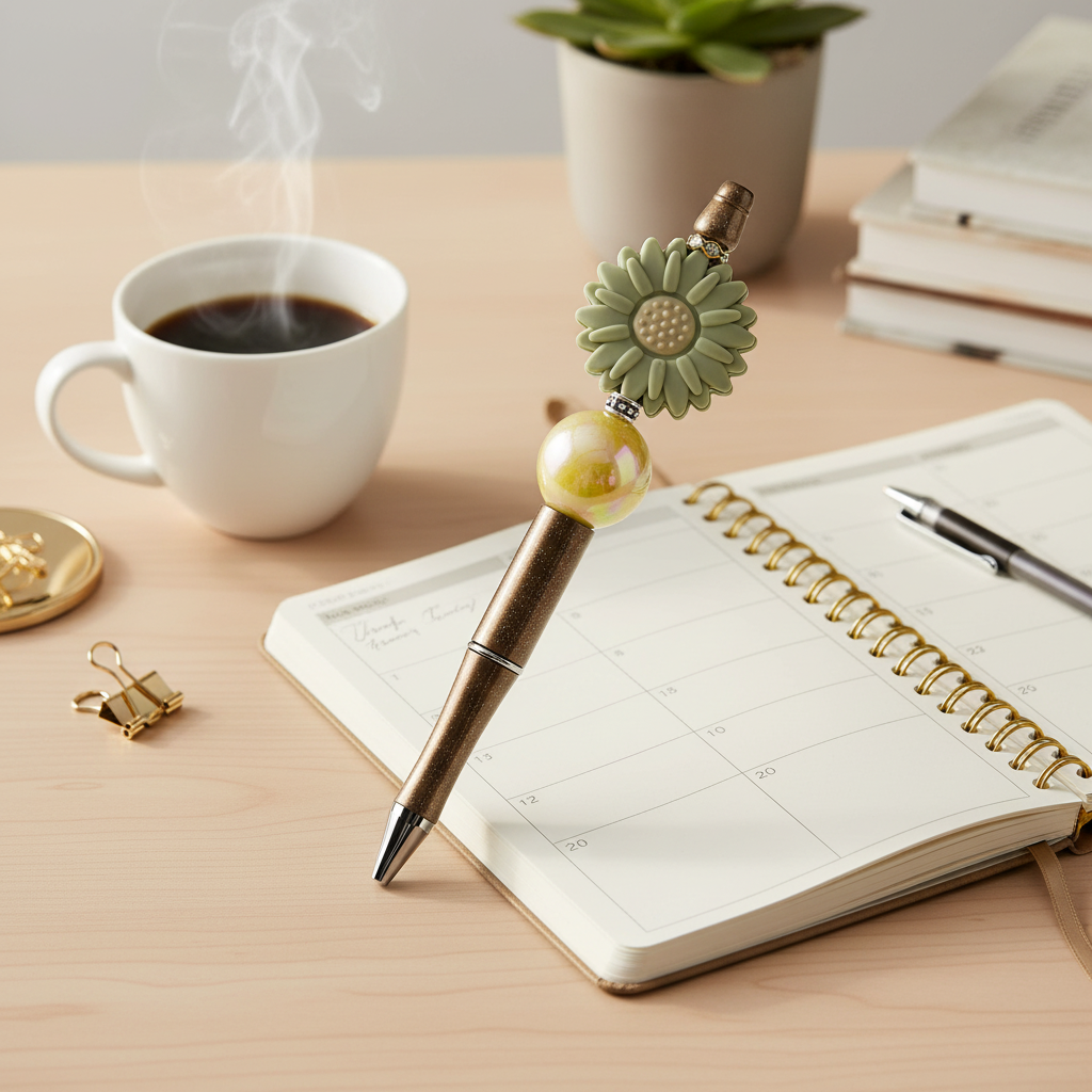 Sage green flower beaded pen styled on a chic desk with a planner, coffee, and elegant stationery accessories