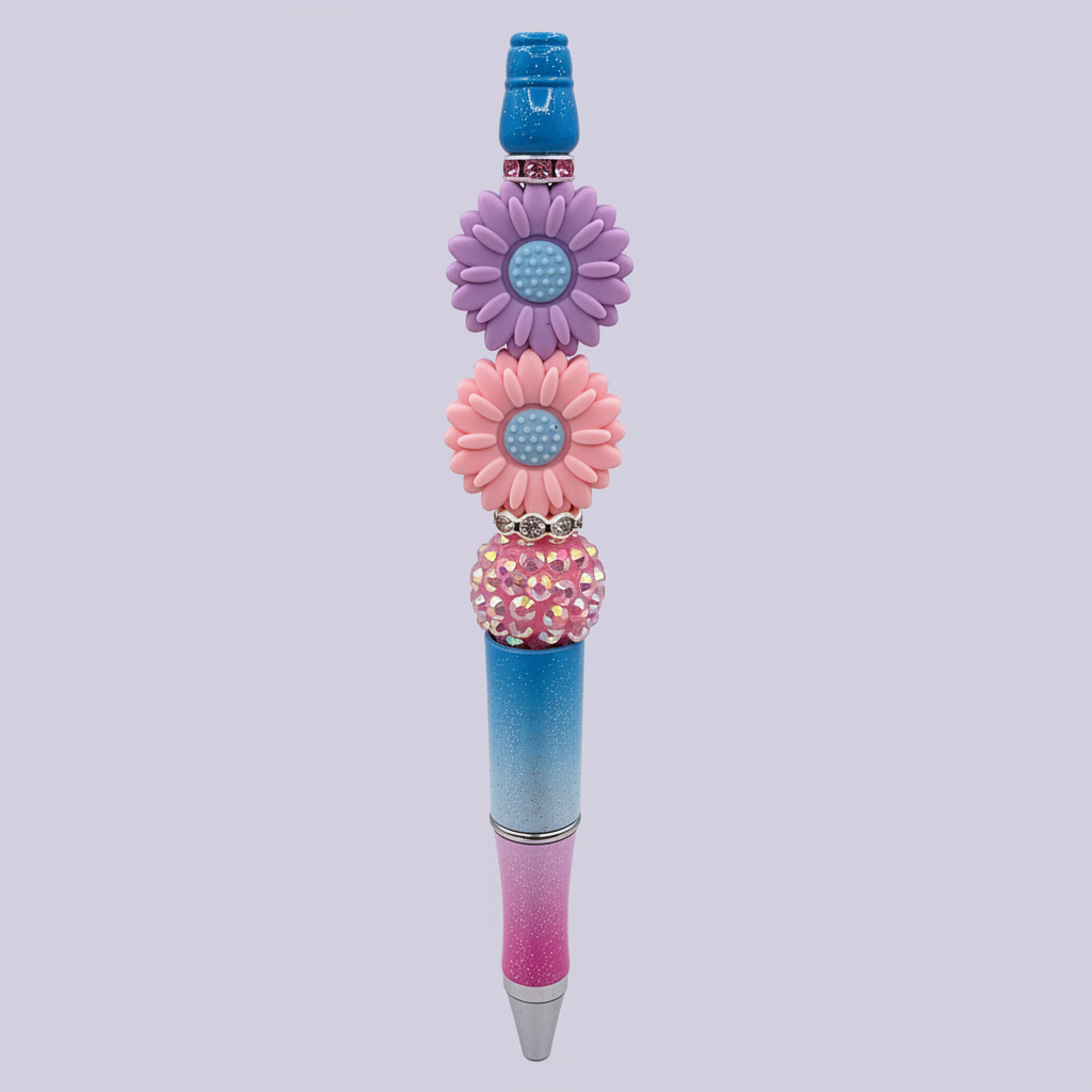 Purple and pink flowers beaded pen clean product shot
