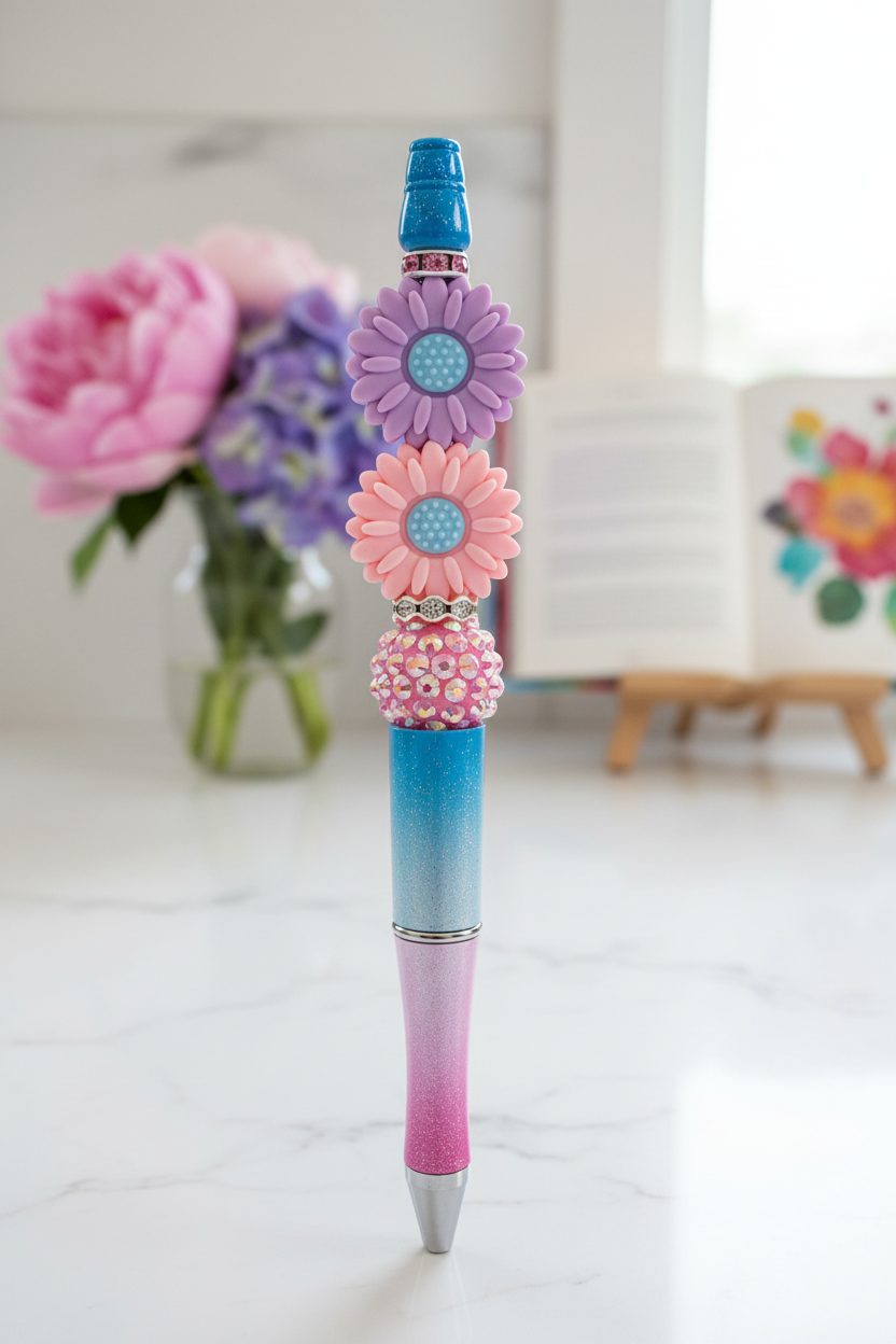 Purple and pink flowers beaded pen in bright stylish kitchen setting