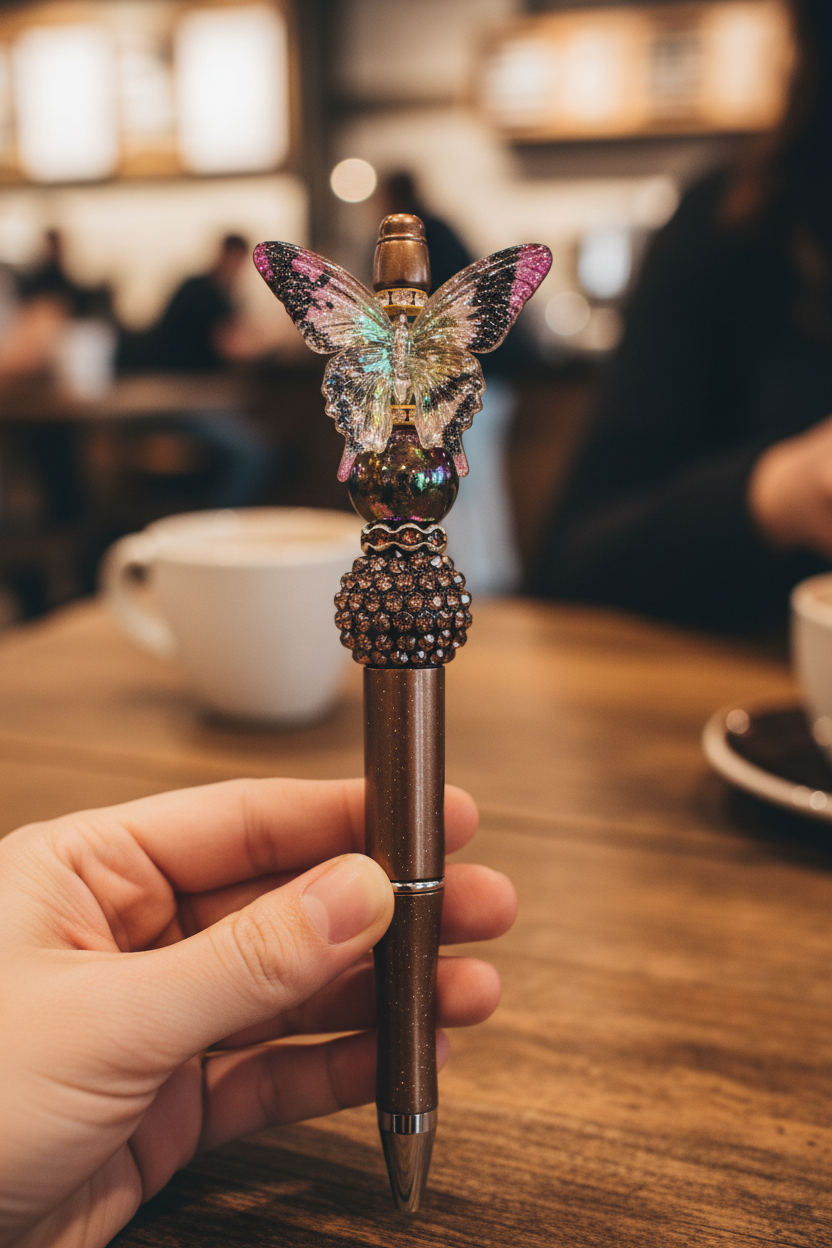 Brown glitter butterfly beaded pen as focal point in a cozy coffee shop setting