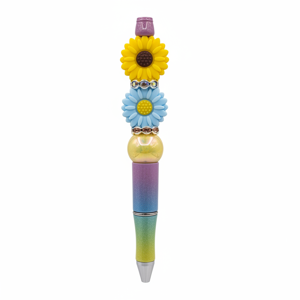 Yellow and blue flowers beaded pen clean product shot
