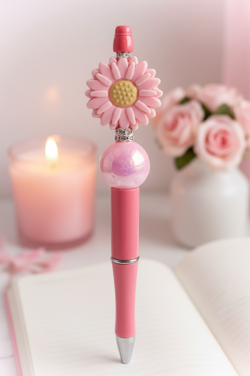 Pink flower beaded pen as focal point in bright cheerful home setting