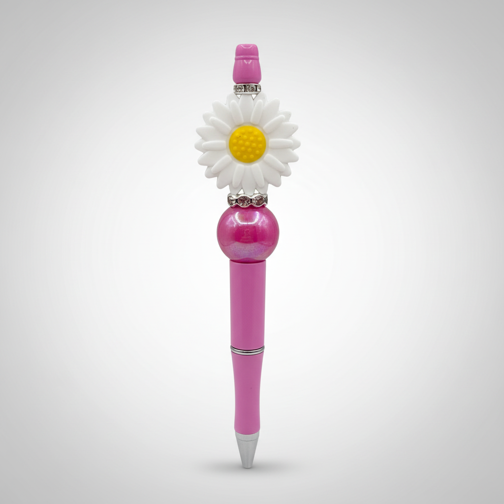 White flower beaded pen clean product shot on white background