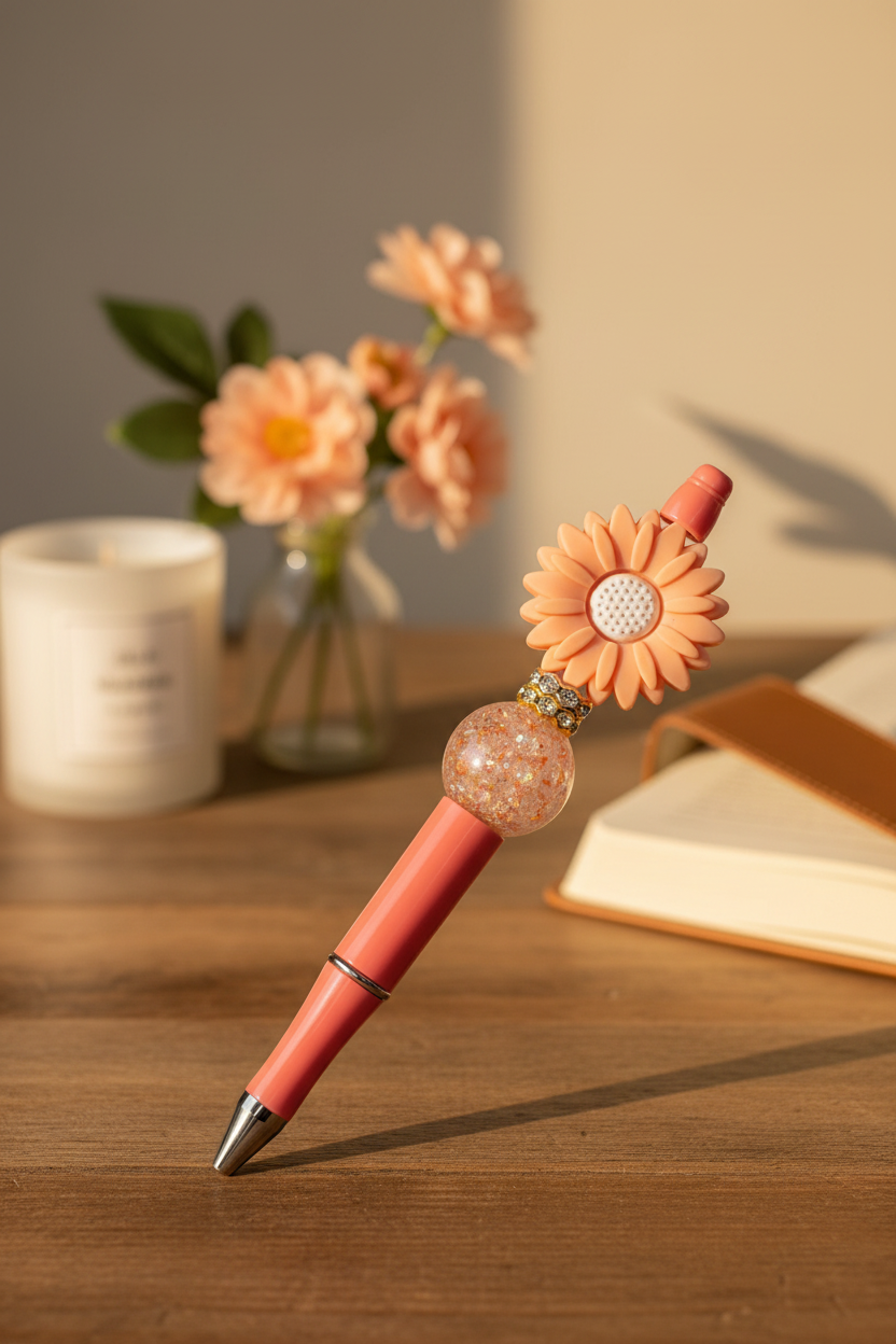 Peach flower beaded pen in warm cozy home setting