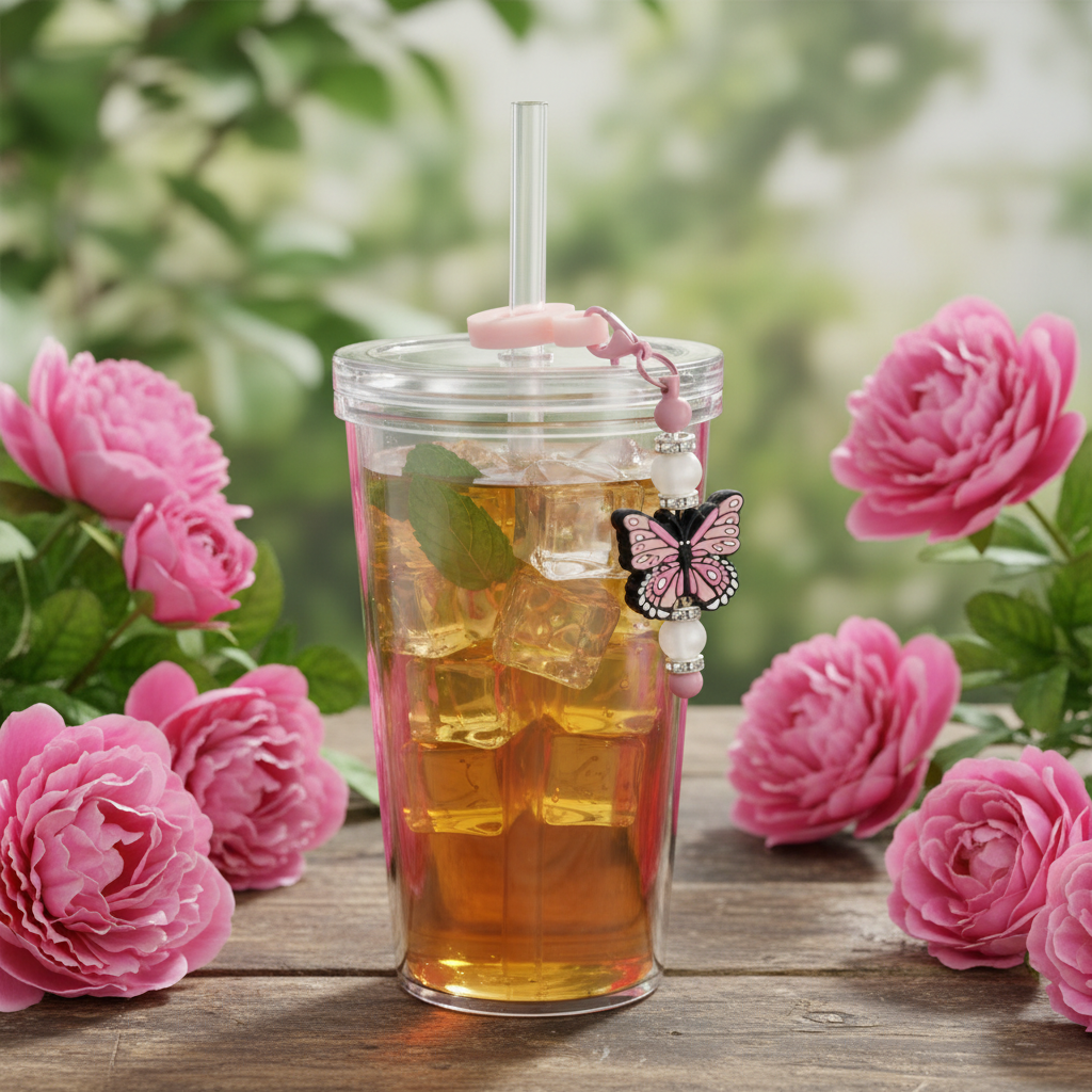 Pink and black butterfly beaded straw charm on a straw in a tumbler filled with golden iced tea and ice cubes in a beautiful garden with blooming pink flowers