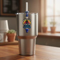 Whatever I'm Getting Iced Coffee beaded straw charm on a stainless steel tumbler