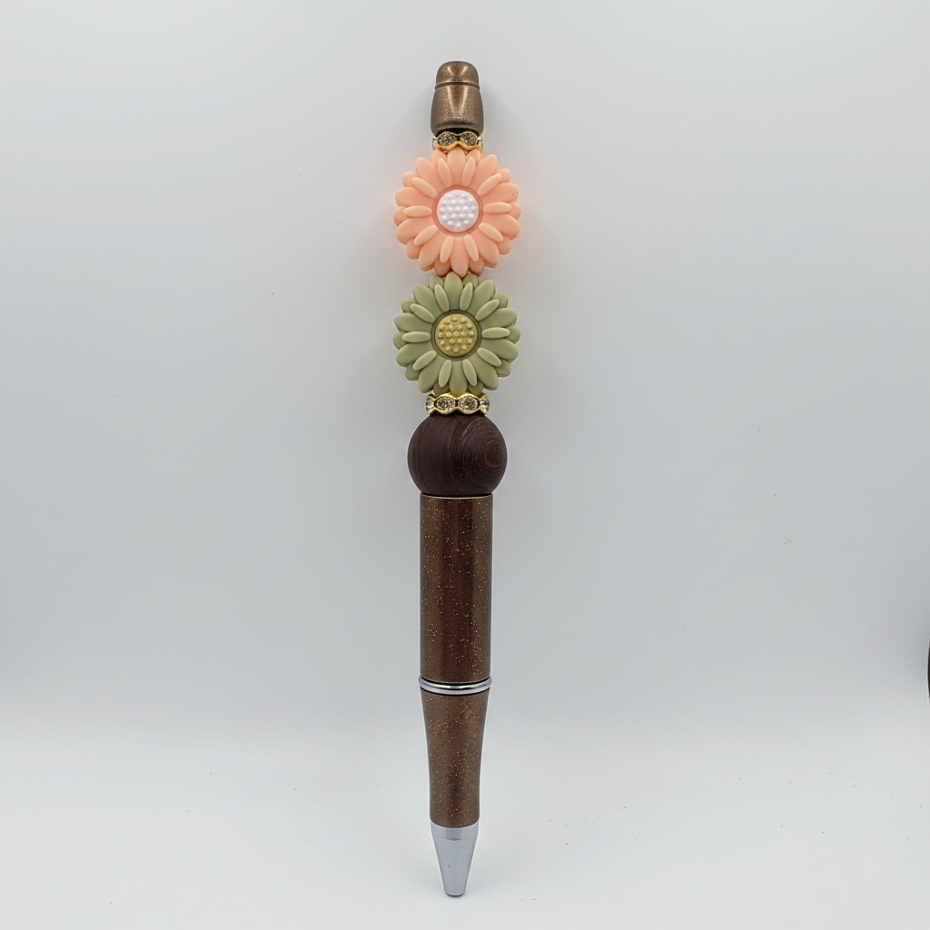 Peach and sage green flowers beaded pen clean product shot