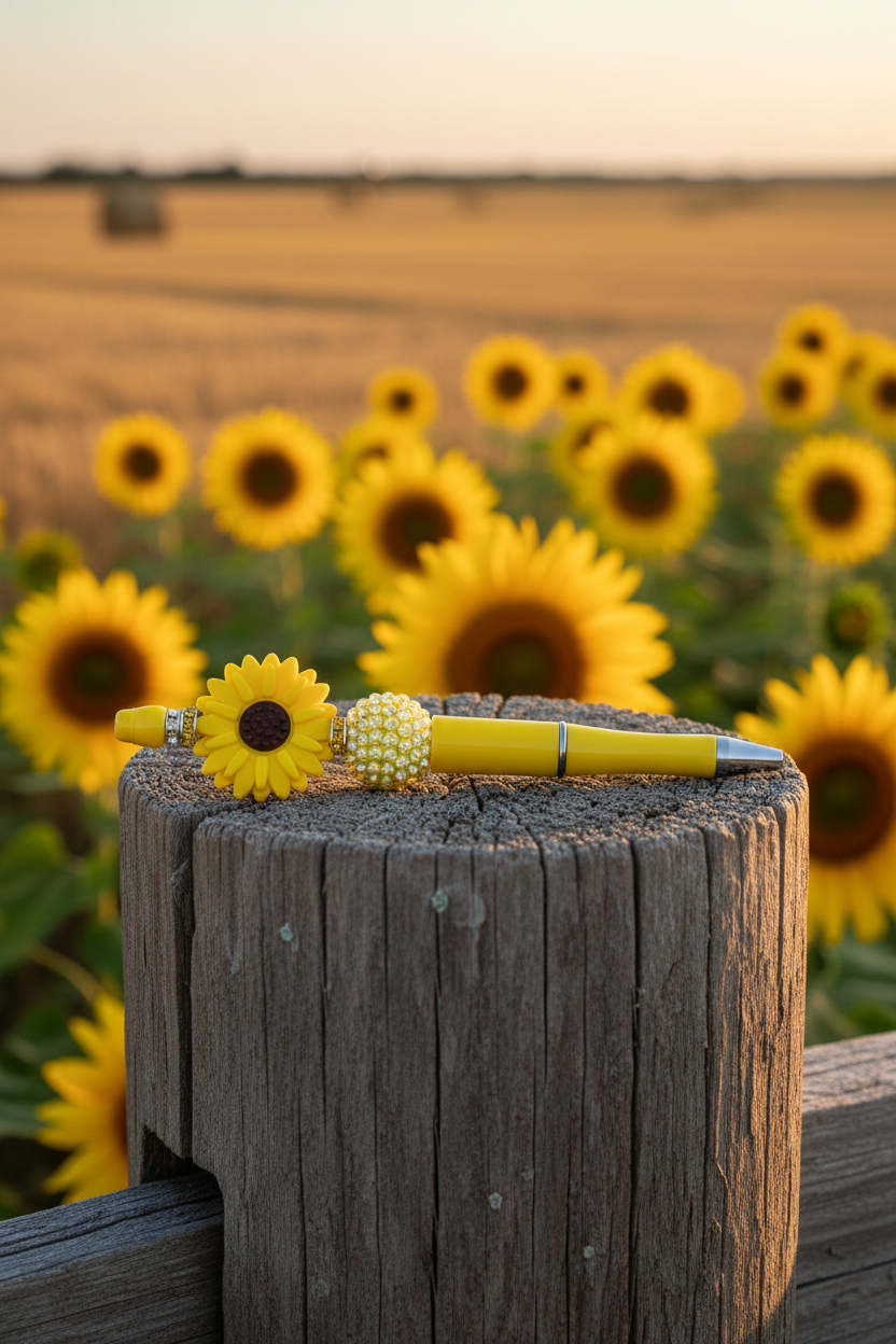 Yellow sunflower beaded pen in a rustic farm setting