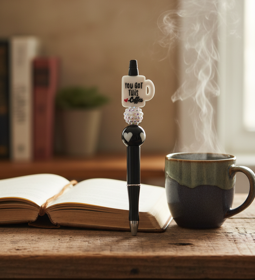Beaded pen on journal with steaming coffee mug on rustic countertop