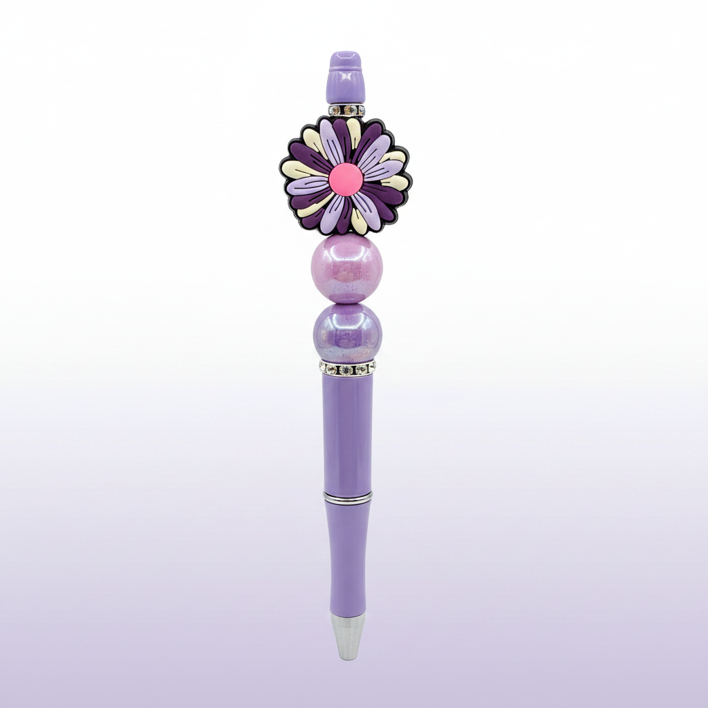 Purple flower beaded pen clean product shot on white background