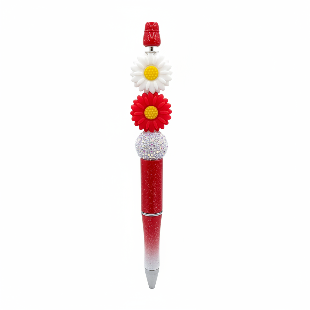 White and red flowers beaded pen clean product shot