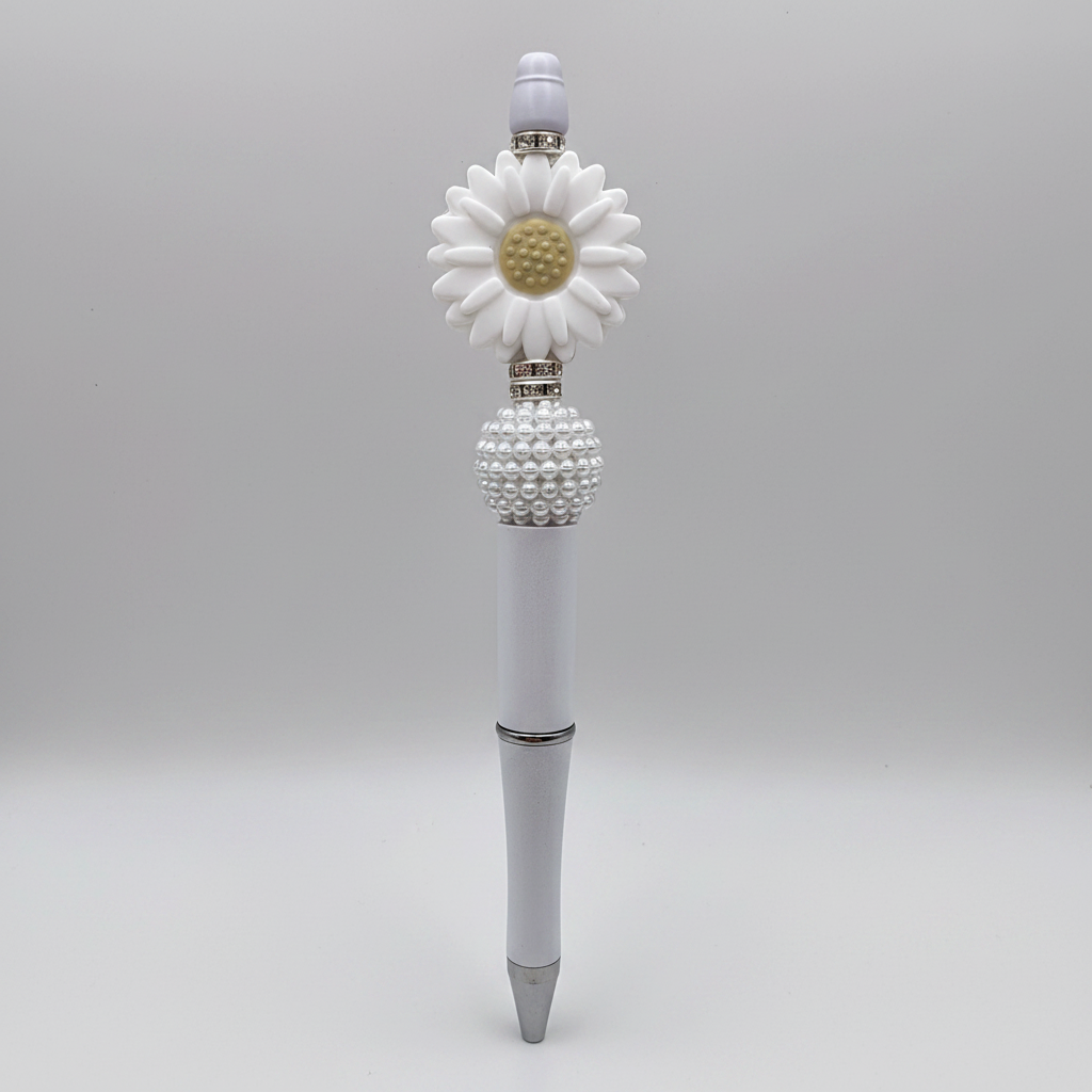 White flower beaded pen clean product shot on white background